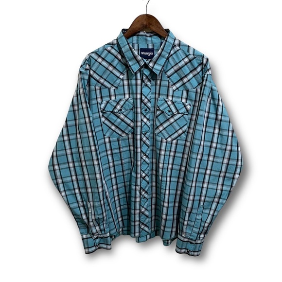 Wrangler Men's Pearl Snap Front‎ Pockets Western Shirt Blue White Size XXL 27x29 - Picture 1 of 5